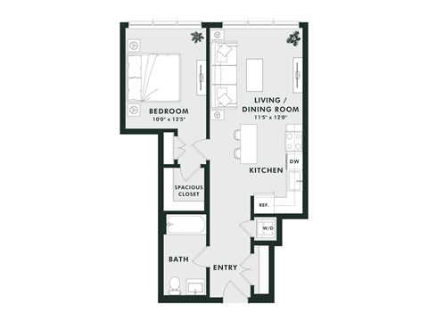 Floor plan for 1 bed, 1 bath, 662 sqft